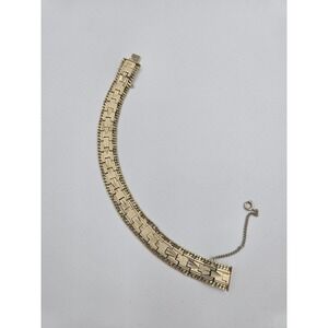 Vintage Gold Tone Wide Panel Link Bracelet with Safety Chain 7.25" Fashion